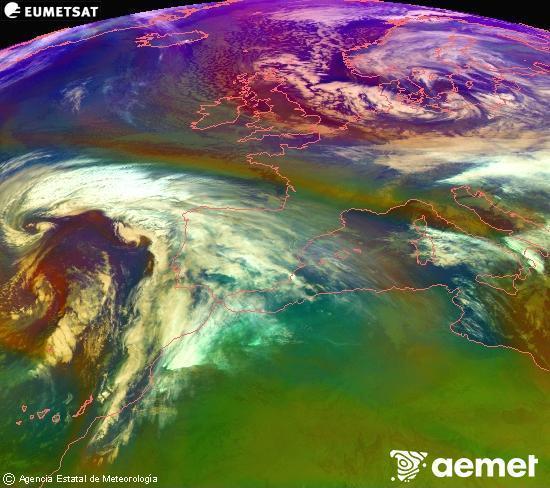 RGB composition where several channels of satellite Meteosat operational in 0� N 0� W are mixed, providing air mass and cloudiness features.&nbsp;Friday, 2 January  2026 06:00