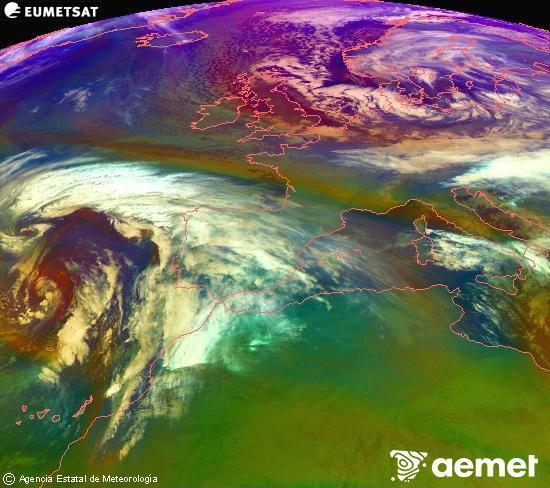 RGB composition where several channels of satellite Meteosat operational in 0� N 0� W are mixed, providing air mass and cloudiness features.&nbsp;Friday, 2 January  2026 07:00