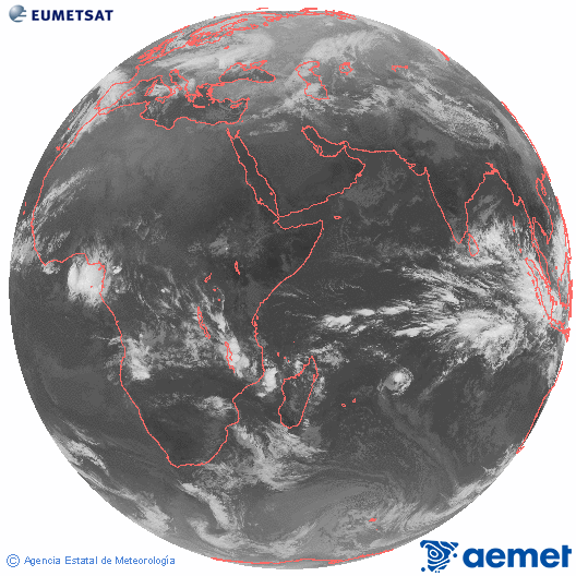 Oc�ano �ndico. Imaxe global da canle infravermella (10.8&mu;m) de Meteosat, pertencente � serie MSX (Meteosat Segunda Xeraci�n) e situado en 41.5°E.&nbsp;venres, 2 xaneiro  2026 07:00