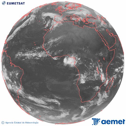 Imaxe global da canle infravermella (10.8 &mu;m) do sat�lite  Meteosat, pertencente � serie MSX (Meteosat Segunda Xeraci�n) e situado en 0�N 0�E.&nbsp;venres, 2 xaneiro  2026 07:00
