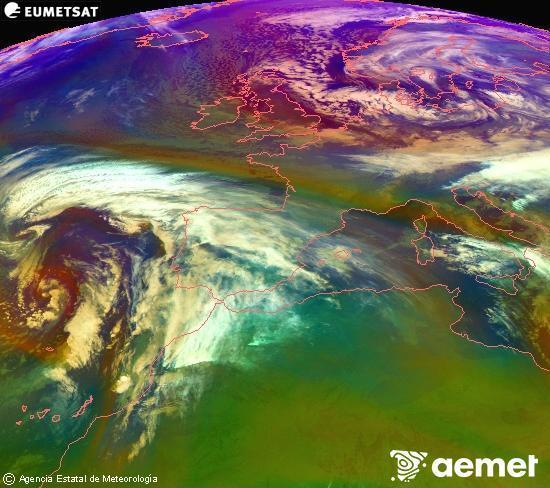 RGB composition where several channels of satellite Meteosat operational in 0� N 0� W are mixed, providing air mass and cloudiness features.&nbsp;Friday, 2 January  2026 08:00