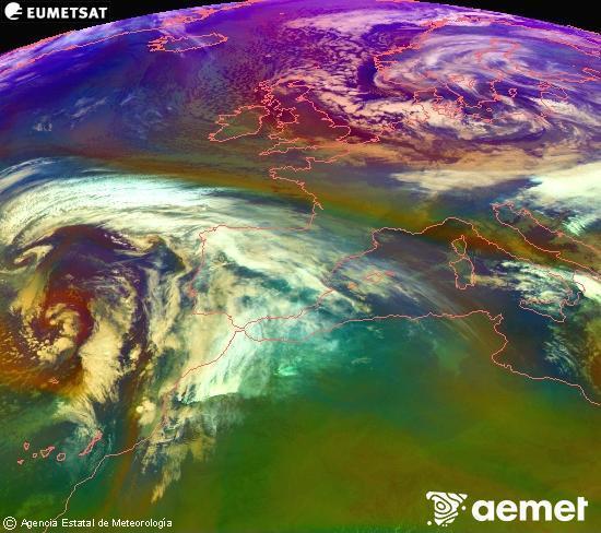 RGB composition where several channels of satellite Meteosat operational in 0� N 0� W are mixed, providing air mass and cloudiness features.&nbsp;Friday, 2 January  2026 09:00