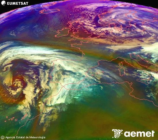RGB composition where several channels of satellite Meteosat operational in 0� N 0� W are mixed, providing air mass and cloudiness features.&nbsp;Friday, 2 January  2026 10:00