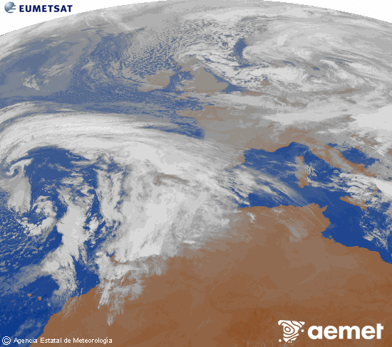 Imagen de la zona de Europa y Norte de �frica del canal infrarrojo del sat�lite Meteosat operacional en 0�N 0�W, procesada para darle color.&nbsp;divendres, 2 de gener  2026 10:00