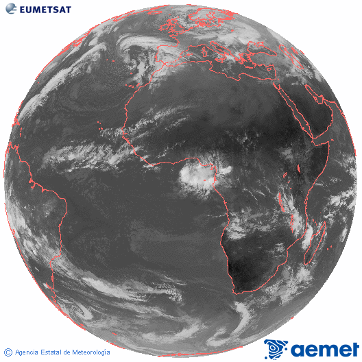 Imaxe global da canle infravermella (10.8 &mu;m) do sat�lite  Meteosat, pertencente � serie MSX (Meteosat Segunda Xeraci�n) e situado en 0�N 0�E.&nbsp;venres, 2 xaneiro  2026 10:00
