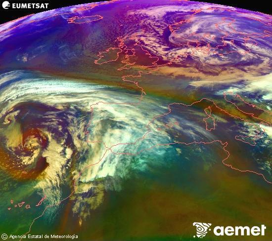 Composition RGB dans laquelle se m�langent diff�rents canaux du satellite Meteosat operational in 0�N 0�W, l'informaci�n des caract�ristiques sur les masses d'air et les nuages.&nbsp;vendredi, 2 janvier  2026 11:00