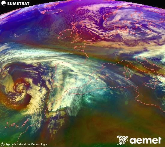 Composition RGB dans laquelle se m�langent diff�rents canaux du satellite Meteosat operational in 0�N 0�W, l'informaci�n des caract�ristiques sur les masses d'air et les nuages.&nbsp;vendredi, 2 janvier  2026 12:00