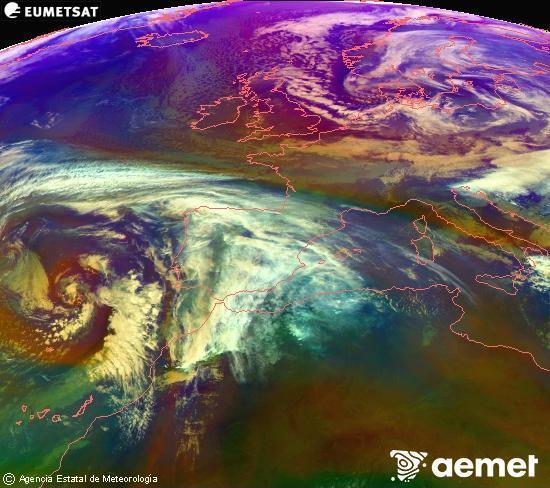 Composition RGB dans laquelle se m�langent diff�rents canaux du satellite Meteosat operational in 0�N 0�W, l'informaci�n des caract�ristiques sur les masses d'air et les nuages.&nbsp;vendredi, 2 janvier  2026 13:00