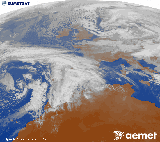 Imagen de la zona de Europa y Norte de �frica del canal infrarrojo del sat�lite Meteosat operacional en 0�N 0�W, procesada para darle color.&nbsp;Friday, 2 January  2026 13:00