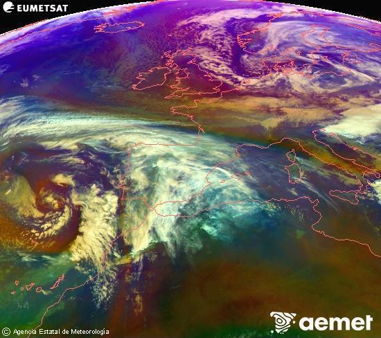 Composition RGB dans laquelle se m�langent diff�rents canaux du satellite Meteosat operational in 0�N 0�W, l'informaci�n des caract�ristiques sur les masses d'air et les nuages.&nbsp;vendredi, 2 janvier  2026 14:00