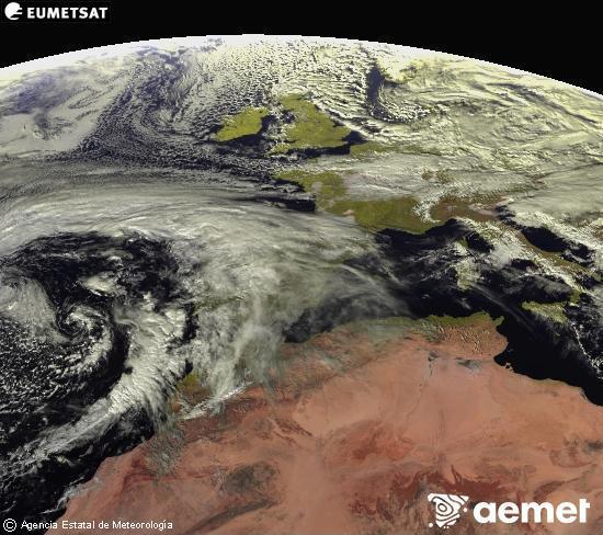Esta imaxe x�rase utilizando informaci�n das canles visibles do sat�lite METEOSAT pertencente � segunda xeraci�n de sat�lites  Meteosat (MSX). Por ese motivo, s� hai informaci�n na zona iluminada polo sol. Ademais, as canles foron normalizadas para que o brillo non dependa da posici�n do sol.&nbsp;venres, 2 xaneiro  2026 14:00