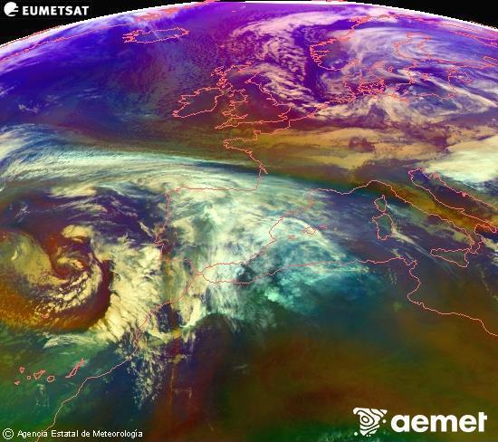 Composition RGB dans laquelle se m�langent diff�rents canaux du satellite Meteosat operational in 0�N 0�W, l'informaci�n des caract�ristiques sur les masses d'air et les nuages.&nbsp;vendredi, 2 janvier  2026 15:00