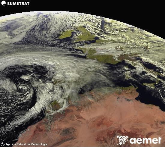 Esta imaxe x�rase utilizando informaci�n das canles visibles do sat�lite METEOSAT pertencente � segunda xeraci�n de sat�lites  Meteosat (MSX). Por ese motivo, s� hai informaci�n na zona iluminada polo sol. Ademais, as canles foron normalizadas para que o brillo non dependa da posici�n do sol.&nbsp;venres, 2 xaneiro  2026 15:00