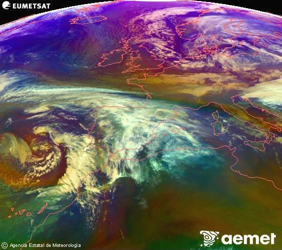Composition RGB dans laquelle se m�langent diff�rents canaux du satellite Meteosat operational in 0�N 0�W, l'informaci�n des caract�ristiques sur les masses d'air et les nuages.&nbsp;vendredi, 2 janvier  2026 16:00