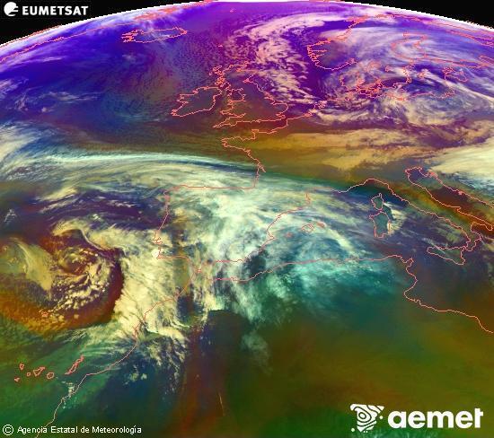 Composition RGB dans laquelle se m�langent diff�rents canaux du satellite Meteosat operational in 0�N 0�W, l'informaci�n des caract�ristiques sur les masses d'air et les nuages.&nbsp;vendredi, 2 janvier  2026 17:00