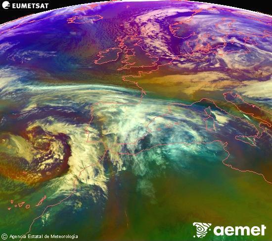 Composition RGB dans laquelle se m�langent diff�rents canaux du satellite Meteosat operational in 0�N 0�W, l'informaci�n des caract�ristiques sur les masses d'air et les nuages.&nbsp;vendredi, 2 janvier  2026 18:00