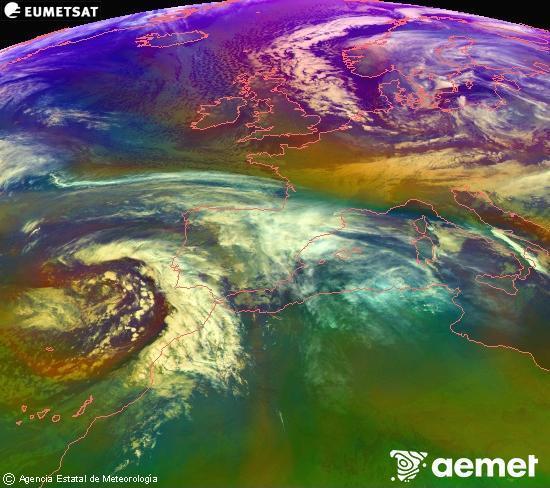 Composition RGB dans laquelle se m�langent diff�rents canaux du satellite Meteosat operational in 0�N 0�W, l'informaci�n des caract�ristiques sur les masses d'air et les nuages.&nbsp;vendredi, 2 janvier  2026 21:00