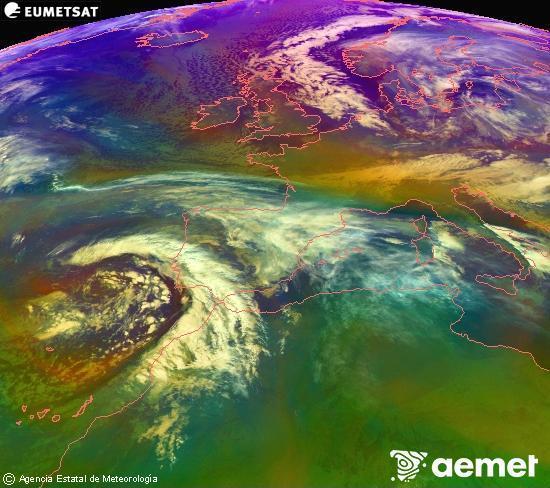 Composition RGB dans laquelle se m�langent diff�rents canaux du satellite Meteosat operational in 0�N 0�W, l'informaci�n des caract�ristiques sur les masses d'air et les nuages.&nbsp;vendredi, 2 janvier  2026 23:00