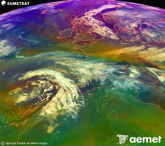 Composition RGB dans laquelle se m�langent diff�rents canaux du satellite Meteosat operational in 0�N 0�W, l'informaci�n des caract�ristiques sur les masses d'air et les nuages.&nbsp;samedi, 3 janvier  2026 00:00