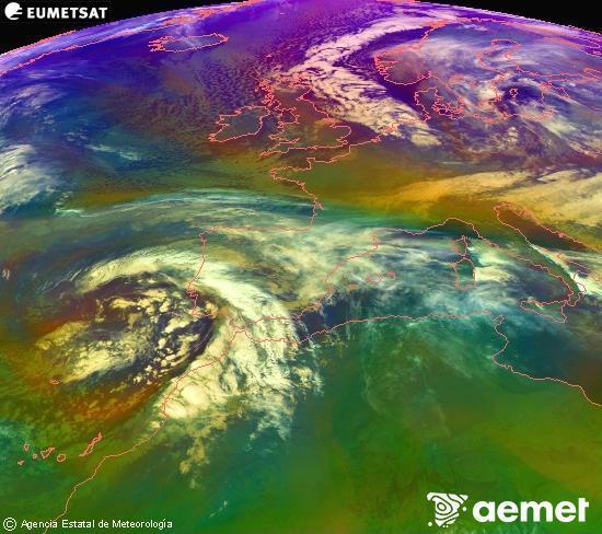 Composition RGB dans laquelle se m�langent diff�rents canaux du satellite Meteosat operational in 0�N 0�W, l'informaci�n des caract�ristiques sur les masses d'air et les nuages.&nbsp;samedi, 3 janvier  2026 01:00