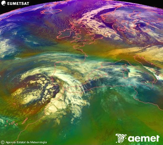 Composition RGB dans laquelle se m�langent diff�rents canaux du satellite Meteosat operational in 0�N 0�W, l'informaci�n des caract�ristiques sur les masses d'air et les nuages.&nbsp;samedi, 3 janvier  2026 02:00