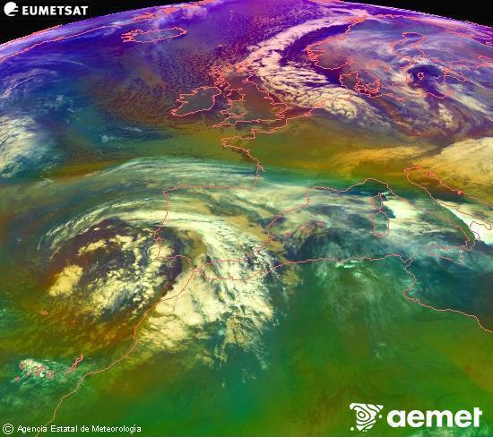 Composition RGB dans laquelle se m�langent diff�rents canaux du satellite Meteosat operational in 0�N 0�W, l'informaci�n des caract�ristiques sur les masses d'air et les nuages.&nbsp;samedi, 3 janvier  2026 04:00