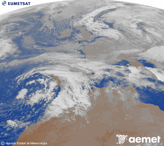 Imagen de la zona de Europa y Norte de �frica del canal infrarrojo del sat�lite Meteosat operacional en 0�N 0�W, procesada para darle color.&nbsp;samedi, 3 janvier  2026 04:00