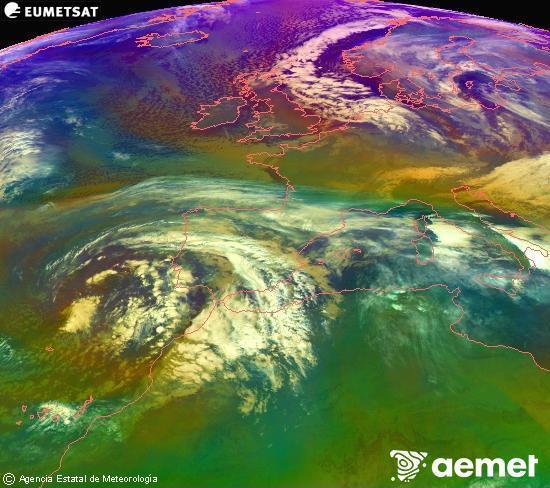 Composition RGB dans laquelle se m�langent diff�rents canaux du satellite Meteosat operational in 0�N 0�W, l'informaci�n des caract�ristiques sur les masses d'air et les nuages.&nbsp;samedi, 3 janvier  2026 05:00
