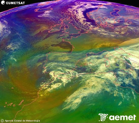 Composici�n RGB en la que se mezclan varios canales del sat�lite Meteosat operacional en 0�N 0�W, que nos da una idea de las caracter�sticas de las masas de aire y de la nubosidad.&nbsp;domingo, 04 enero 2026 a las 06:00
