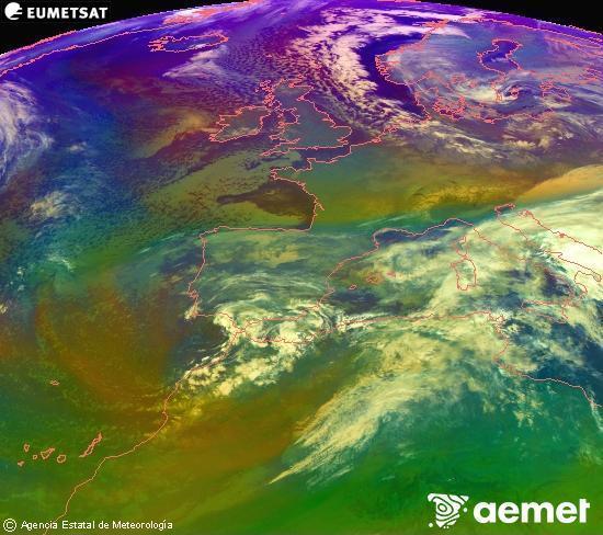 Composici�n RGB en la que se mezclan varios canales del sat�lite Meteosat operacional en 0�N 0�W, que nos da una idea de las caracter�sticas de las masas de aire y de la nubosidad.&nbsp;domingo, 04 enero 2026 a las 07:00