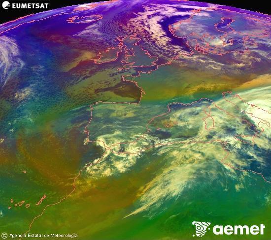 Composici�n RGB en la que se mezclan varios canales del sat�lite Meteosat operacional en 0�N 0�W, que nos da una idea de las caracter�sticas de las masas de aire y de la nubosidad.&nbsp;domingo, 04 enero 2026 a las 08:00