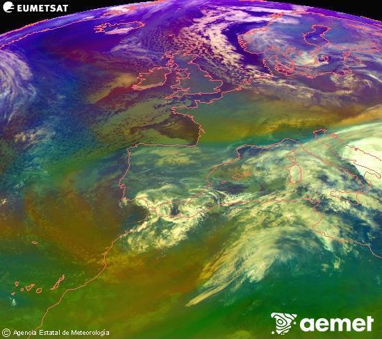 Composici�n RGB en la que se mezclan varios canales del sat�lite Meteosat operacional en 0�N 0�W, que nos da una idea de las caracter�sticas de las masas de aire y de la nubosidad.&nbsp;domingo, 04 enero 2026 a las 09:00