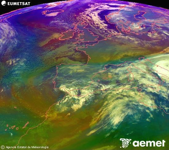Composici�n RGB en la que se mezclan varios canales del sat�lite Meteosat operacional en 0�N 0�W, que nos da una idea de las caracter�sticas de las masas de aire y de la nubosidad.&nbsp;domingo, 04 enero 2026 a las 10:00