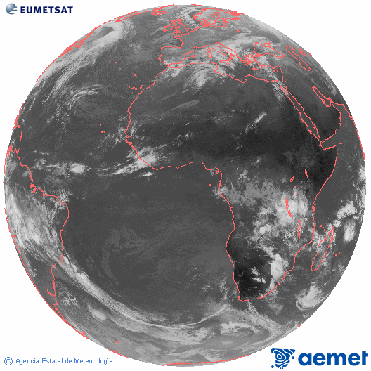 Imagen global del canal infrarrojo (10.8 &mu;m) del sat�lite Meteosat, perteneciente a la serie MSG (Meteosat Segunda Generaci�n) y situado en 0�N 0�E.&nbsp;diumenge, 4 de gener  2026 10:00
