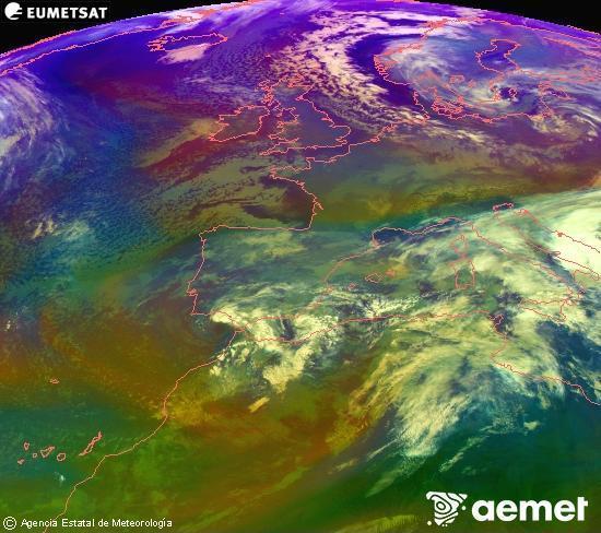 Composici�n RGB en la que se mezclan varios canales del sat�lite Meteosat operacional en 0�N 0�W, que nos da una idea de las caracter�sticas de las masas de aire y de la nubosidad.&nbsp;domingo, 04 enero 2026 a las 11:00