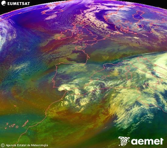 Composici�n RGB en la que se mezclan varios canales del sat�lite Meteosat operacional en 0�N 0�W, que nos da una idea de las caracter�sticas de las masas de aire y de la nubosidad.&nbsp;domingo, 04 enero 2026 a las 13:00