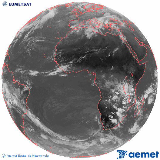 Imagen global del canal infrarrojo (10.8 &mu;m) del sat�lite Meteosat, perteneciente a la serie MSG (Meteosat Segunda Generaci�n) y situado en 0�N 0�E.&nbsp;diumenge, 4 de gener  2026 13:00