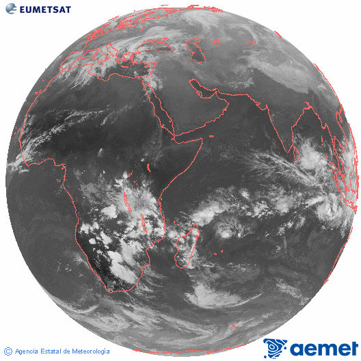 Oc�ano �ndico. Imagen global del canal infrarrojo (10.8&mu;m) de Meteosat, perteneciente a la serie MSG (Meteosat Segunda Generaci�n) y situado en 41.5° E.&nbsp;diumenge, 4 de gener  2026 16:00
