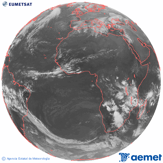 Imagen global del canal infrarrojo (10.8 &mu;m) del sat�lite Meteosat, perteneciente a la serie MSG (Meteosat Segunda Generaci�n) y situado en 0�N 0�E.&nbsp;diumenge, 4 de gener  2026 19:00