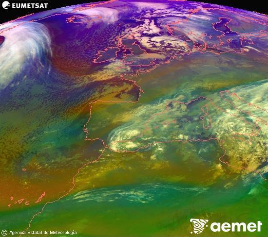 Composici�n RGB en la que se mezclan varios canales del sat�lite Meteosat operacional en 0�N 0�W, que nos da una idea de las caracter�sticas de las masas de aire y de la nubosidad.&nbsp;lunes, 05 enero 2026 a las 01:00