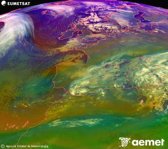 Composici�n RGB en la que se mezclan varios canales del sat�lite Meteosat operacional en 0�N 0�W, que nos da una idea de las caracter�sticas de las masas de aire y de la nubosidad.&nbsp;lunes, 05 enero 2026 a las 02:00