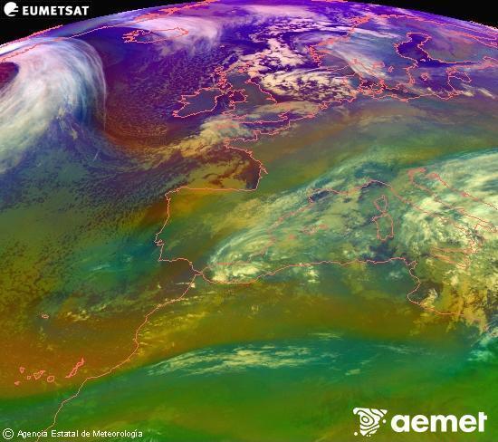 Composici�n RGB en la que se mezclan varios canales del sat�lite Meteosat operacional en 0�N 0�W, que nos da una idea de las caracter�sticas de las masas de aire y de la nubosidad.&nbsp;lunes, 05 enero 2026 a las 03:00