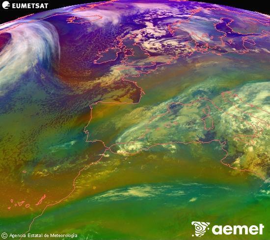 Composici�n RGB en la que se mezclan varios canales del sat�lite Meteosat operacional en 0�N 0�W, que nos da una idea de las caracter�sticas de las masas de aire y de la nubosidad.&nbsp;lunes, 05 enero 2026 a las 04:00