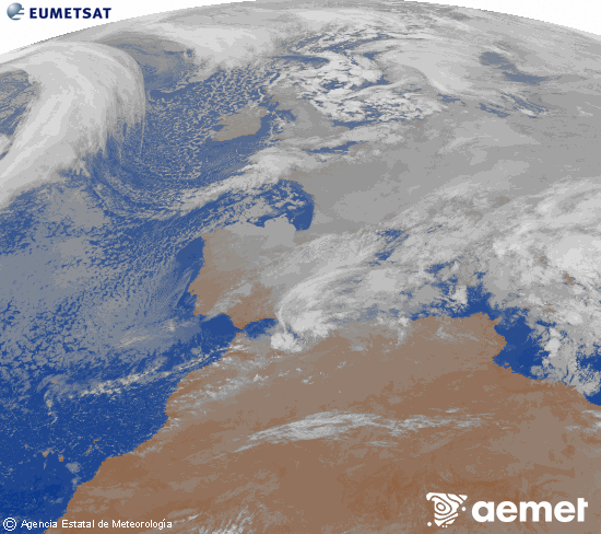 Imatge de la zona d'Europa i Nord d'�frica del canal infraroig del sat�l�lit Meteosat operacional en 0�N 0�W, processada per a donar-li color.&nbsp;dilluns, 5 de gener  2026 06:00