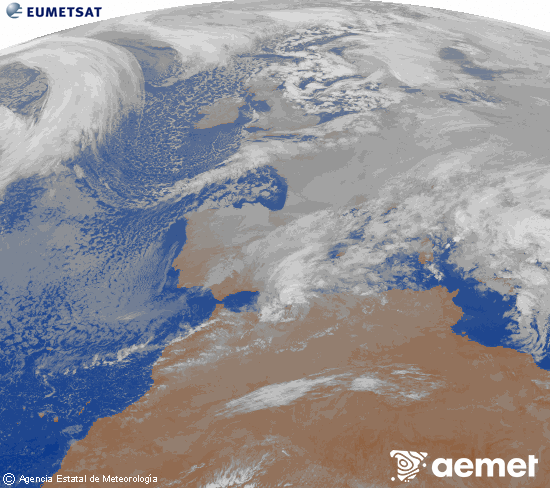 Imatge de la zona d'Europa i Nord d'�frica del canal infraroig del sat�l�lit Meteosat operacional en 0�N 0�W, processada per a donar-li color.&nbsp;dilluns, 5 de gener  2026 08:00