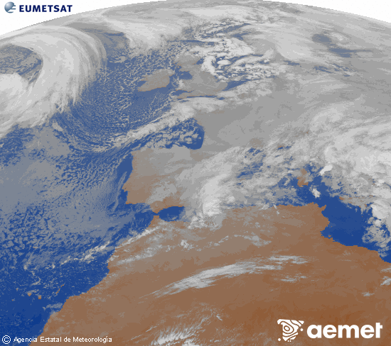 Imatge de la zona d'Europa i Nord d'�frica del canal infraroig del sat�l�lit Meteosat operacional en 0�N 0�W, processada per a donar-li color.&nbsp;dilluns, 5 de gener  2026 09:00