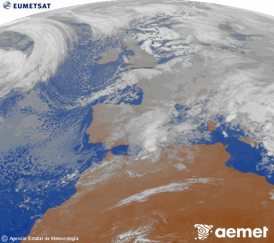 Imatge de la zona d'Europa i Nord d'�frica del canal infraroig del sat�l�lit Meteosat operacional en 0�N 0�W, processada per a donar-li color.&nbsp;dilluns, 5 de gener  2026 10:00