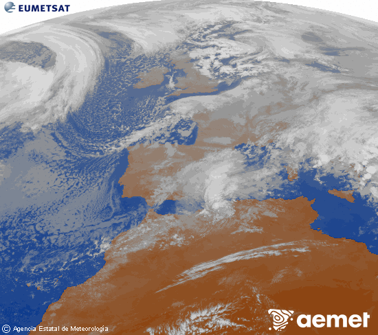 Imatge de la zona d'Europa i Nord d'�frica del canal infraroig del sat�l�lit Meteosat operacional en 0�N 0�W, processada per a donar-li color.&nbsp;dilluns, 5 de gener  2026 12:00