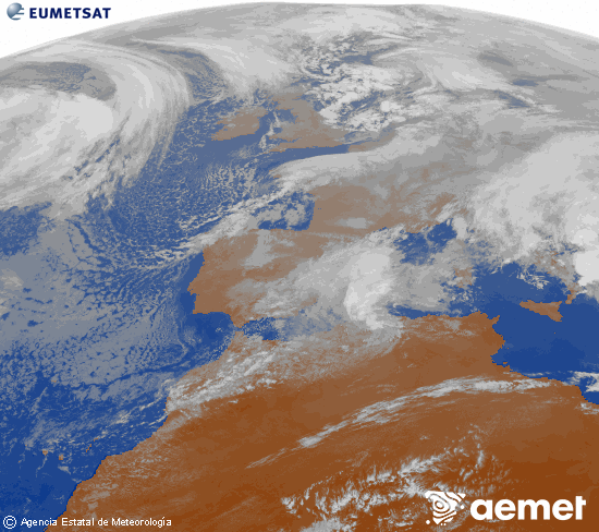 Imagen de la zona de Europa y Norte de �frica del canal infrarrojo del sat�lite Meteosat operacional en 0�N 0�W, procesada para darle color.&nbsp;dilluns, 5 de gener  2026 15:00