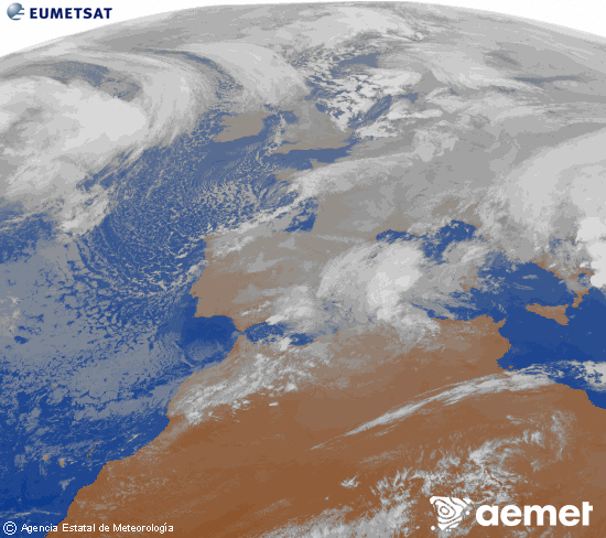 Imagen de la zona de Europa y Norte de �frica del canal infrarrojo del sat�lite Meteosat operacional en 0�N 0�W, procesada para darle color.&nbsp;lunes, 05 enero 2026 a las 18:00